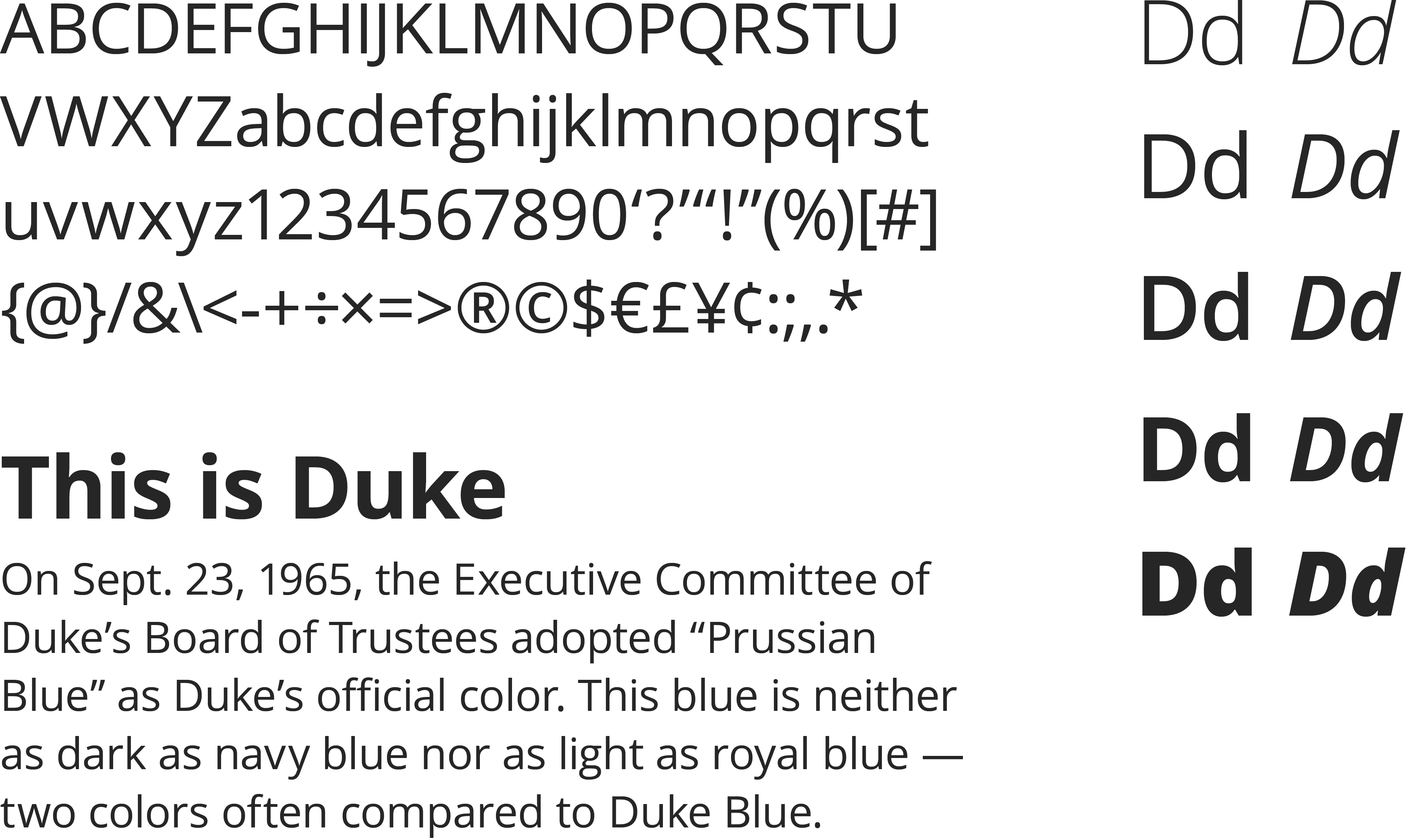 A specimen of the Open Sans, a sans-serif typeface. Included are a list of English characters, the font weights & styles and a sample paragraph of text rendered in the typeface.