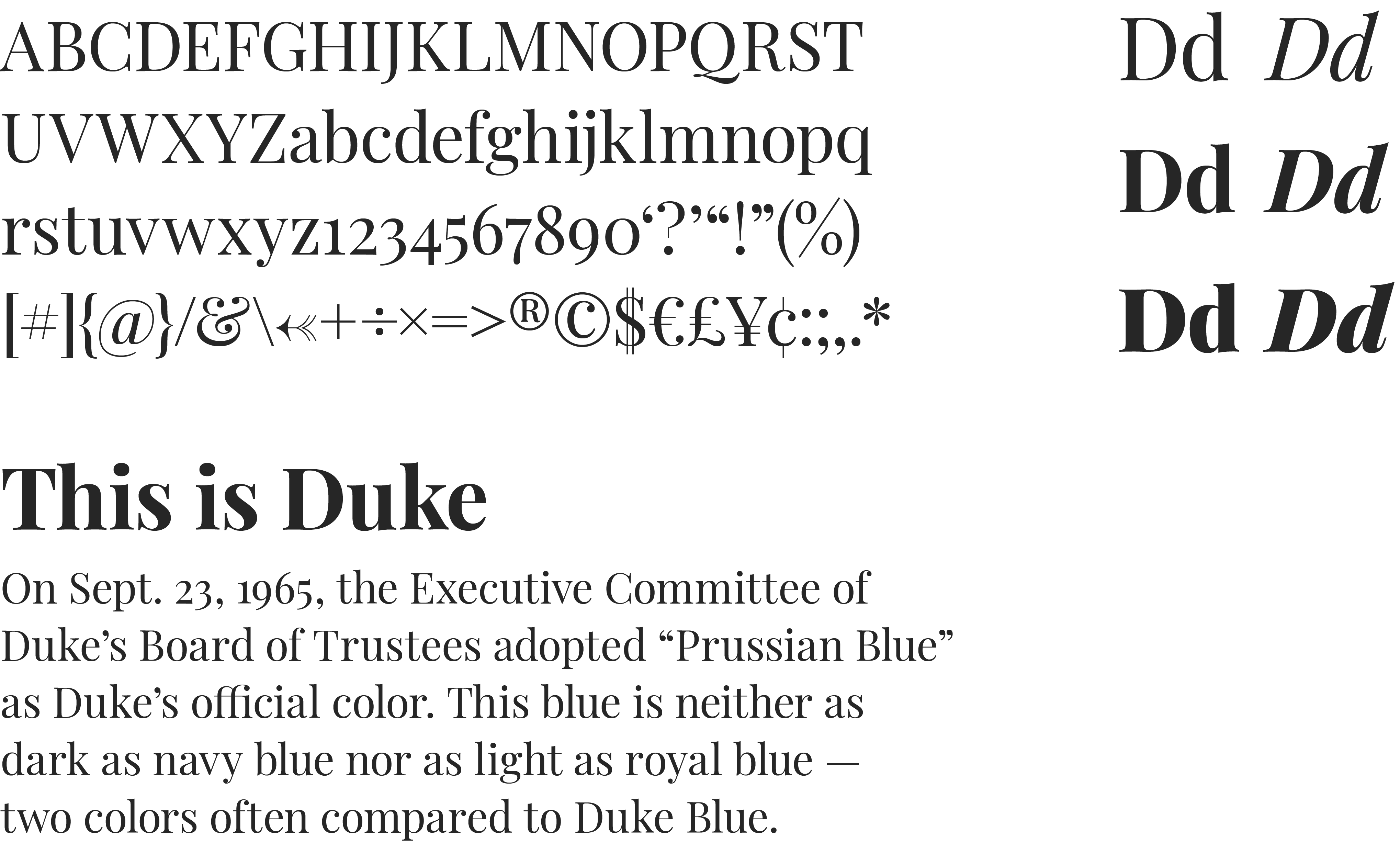 A specimen of the Playfair Display, a serif typeface. Included are a list of English characters, the font weights & styles and a sample paragraph of text rendered in the typeface.